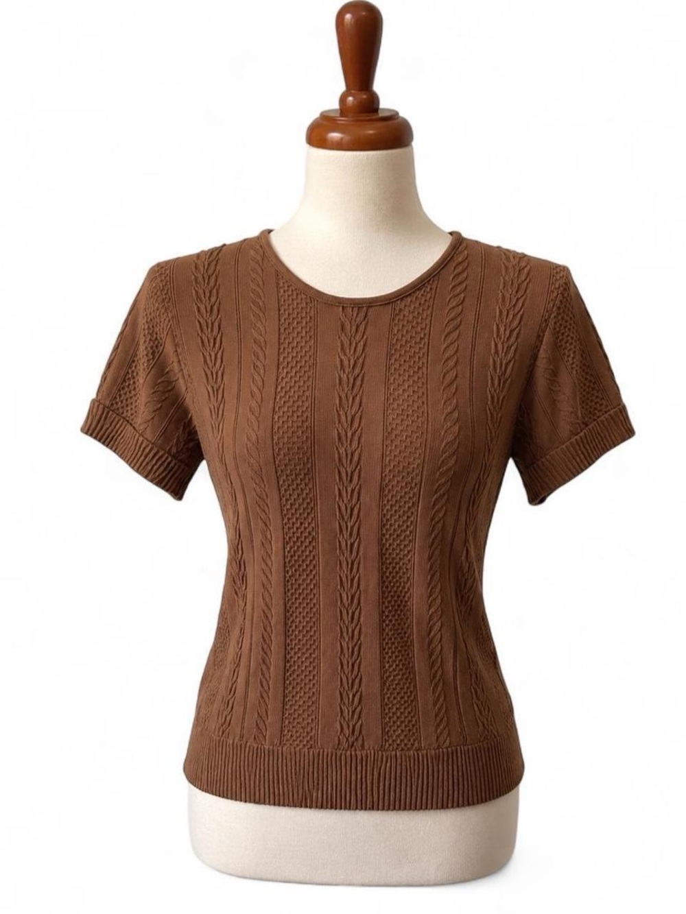 Women's Brown Cable-Knit Short Sleeve Tee